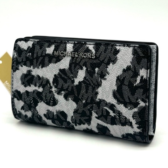 Michael Kors Medium Empire Leopard Logo Snap ZA Wallet Black Multi - Picture 3 of 10